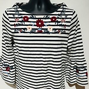 J. Crew 3/4 Bell Sleeve Embroidered Floral Pattern Size Medium Striped